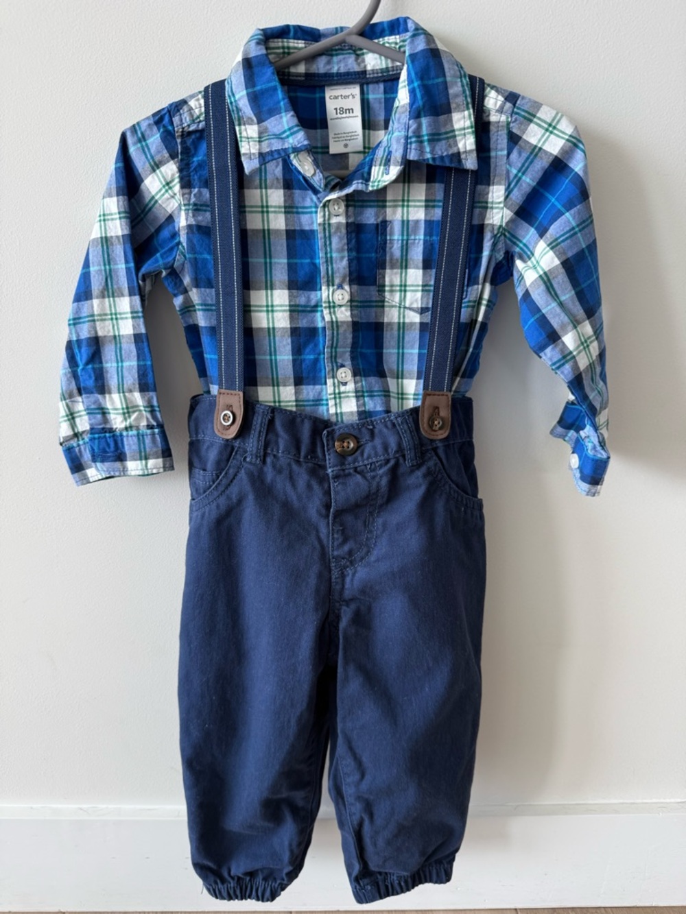 Carter's Blue & Green Plaid Button-Up with Navy Pants and Suspenders